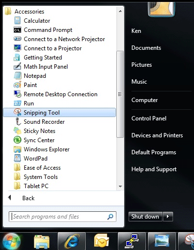 Windows 7 Start Menu, Programs, Accessories, Snipping Tool